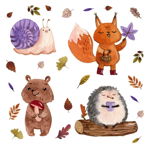 Aquarell Herbst Wald Tiere Vektor Design Illustration — Stockvektor