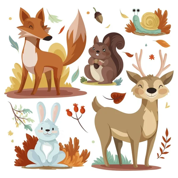 Szczegółowy Jesień Zwierzęta Kolekcja Wektor Projekt Ilustracja — Wektor stockowy