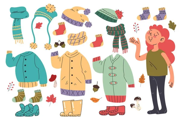 Crianças Outono Plana Usando Casacos Cachecol Desenho Vetor Ilustração — Vetor de Stock