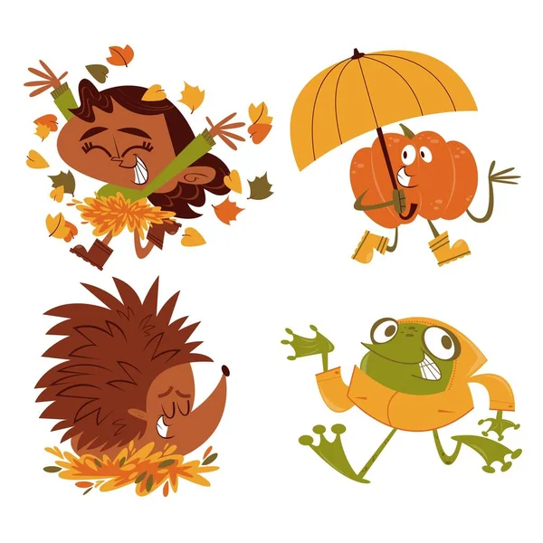 Dibujos Animados Retro Otoño Pegatinas Colección Vector Diseño Ilustración — Archivo Imágenes Vectoriales