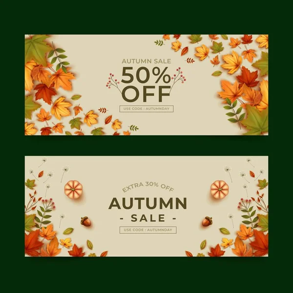 Realistic Horizontal Autumn Sale Banners Set Vector Design Illustration — Stock Vector