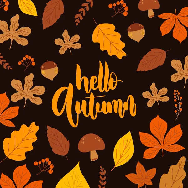 Hello Autumn Lettering Background Leaves Vector Design Illustration — Stock Vector