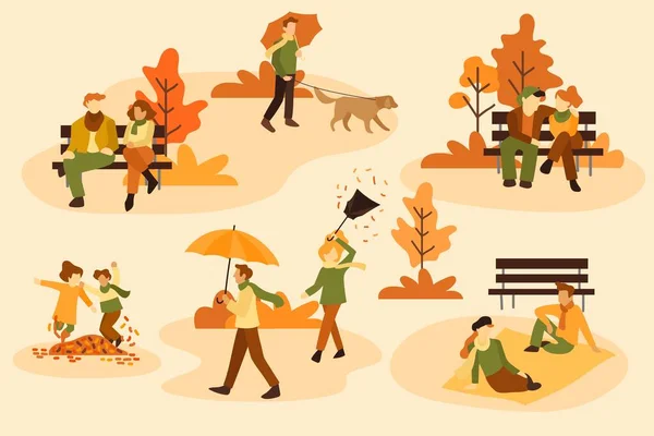 Pessoas Parque Outono Desenho Vetorial Ilustração — Vetor de Stock