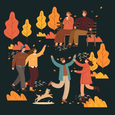 İnsanlar sonbahar parkı vektör tasarımı örnekleme