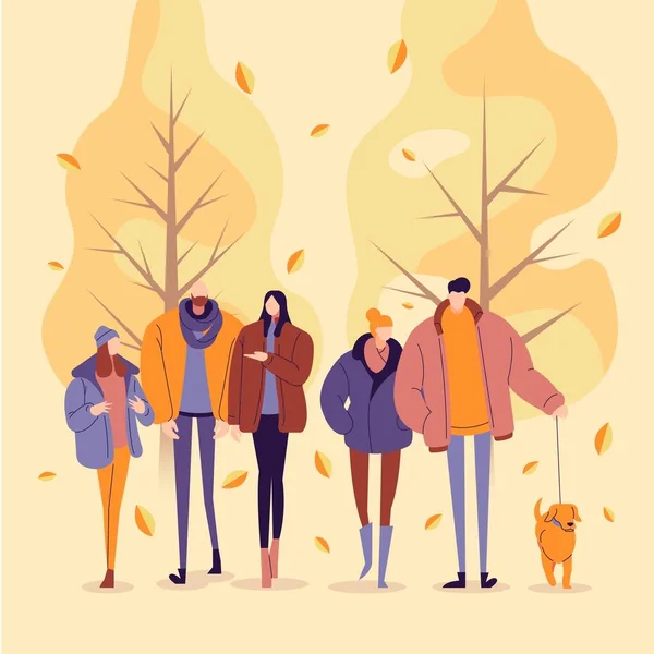 Pessoas Caminhando Outono Desenho Vetor Ilustração — Vetor de Stock