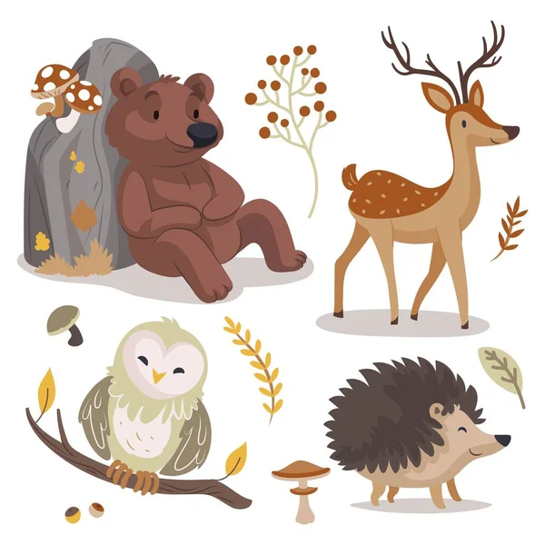 Dessin Manuel Automne Forêt Animaux Collection Vectoriel Conception Illustration — Image vectorielle