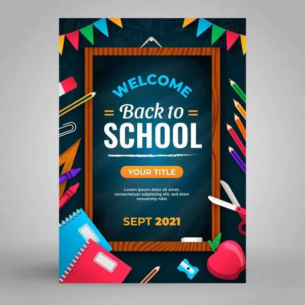 Flat Back School Vector Design Illustration Vertical Flyer Template — Stock Vector