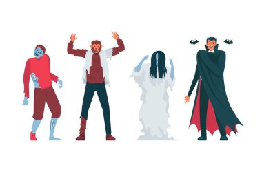 Cadılar Bayramı karakterleri koleksiyonu düz vektör tasarımı illüstrasyonu