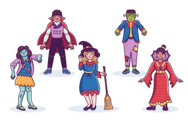 El çizimi cadılar bayramı çocuk koleksiyonu beyaz arkaplan vektör tasarımı illüstrasyonu