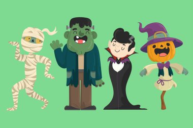 El çizimi Cadılar Bayramı karakter koleksiyonu vektör tasarımı illüstrasyonu