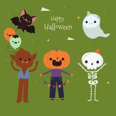 Çocuklar cadılar bayramı kostüm koleksiyonu vektör tasarımı çizimi