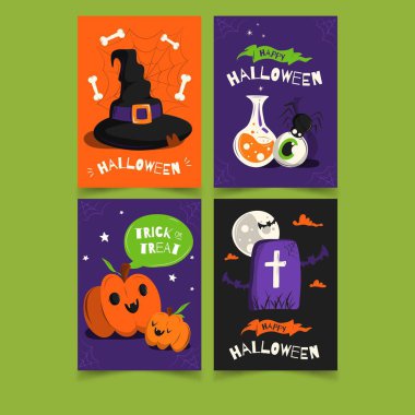 renkli düz cadılar bayramı kart koleksiyonu vektör tasarımı çizimi