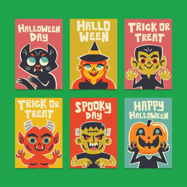 Plat Halloween Monster Kaart Collectie Vector Ontwerp Illustratie — Stockvector