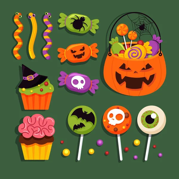 Illustration Conception Vectorielle Collection Bonbons Halloween Plat — Image vectorielle