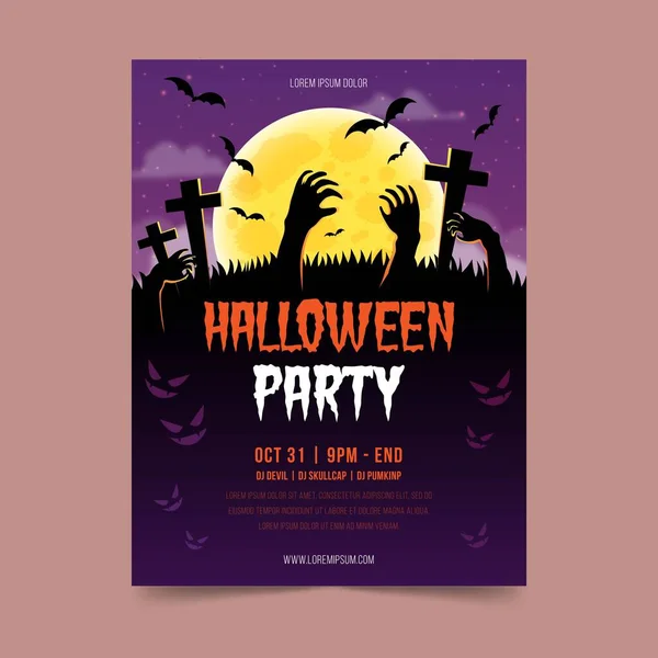 Halloween Partie Poster Modèle Avec Zombie Mains Vectoriel Illustration Conception — Image vectorielle