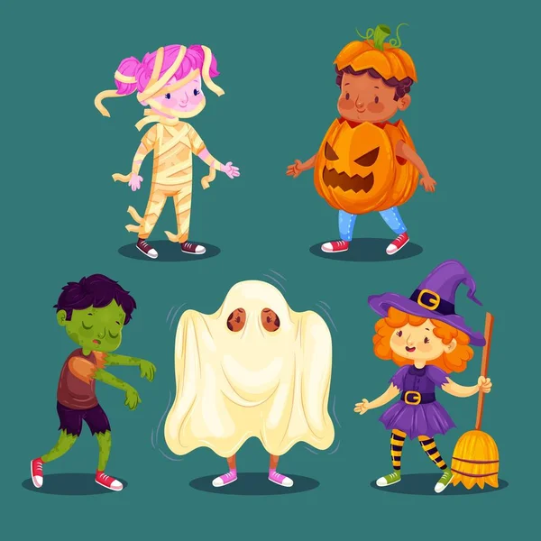 Lindo Halloween Trajes Niños Vector Diseño Ilustración — Vector de stock