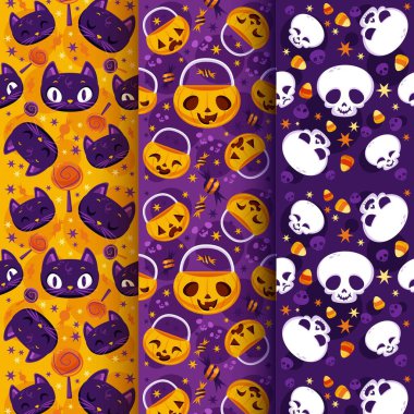 kabak kafatası kedileri düz cadılar bayramı desenli taşıyıcı tasarımı çizimi