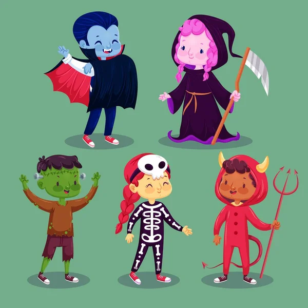 Carino Halloween Costumi Bambini Vettoriale Disegno Illustrazione — Vettoriale Stock