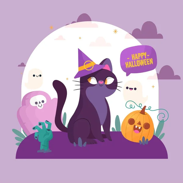 Çizimi Cadılar Bayramı Kedi Vektör Tasarımı Illüstrasyonu — Stok Vektör