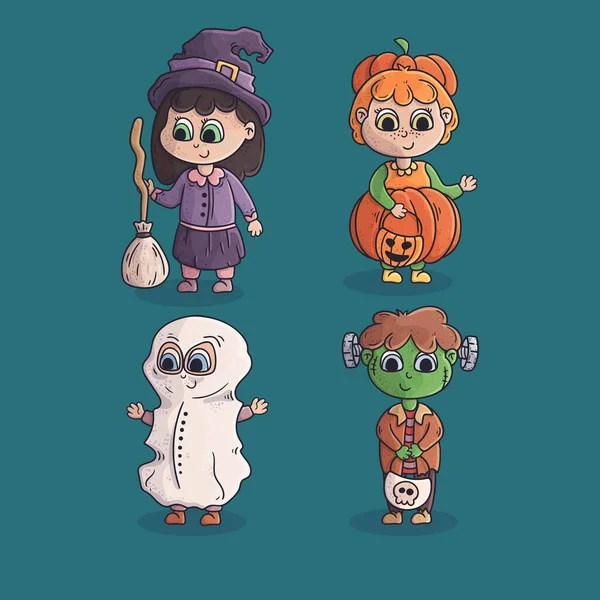Carino Cartone Animato Bambini Halloween Costume Collezione Vettoriale Disegno Illustrazione — Vettoriale Stock