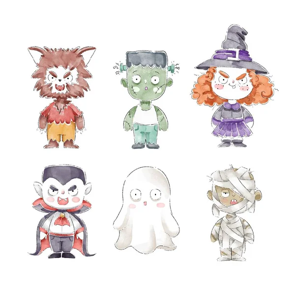 Aquarell Halloween Figur Kostüme Sammlung Vektor Design Illustration — Stockvektor