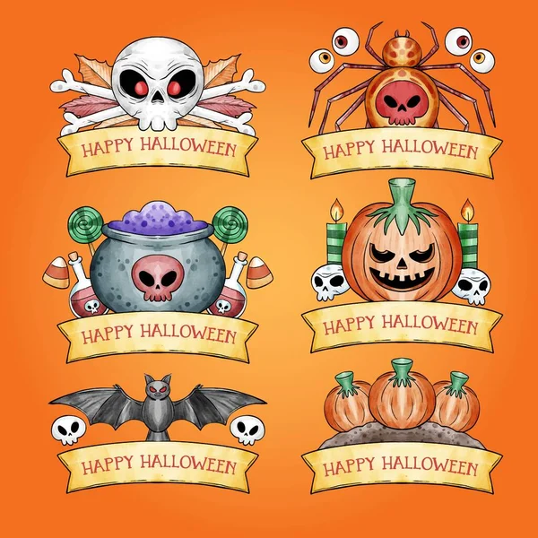 Aquarelle Halloween Badge Collection Vectoriel Conception Illustration — Image vectorielle