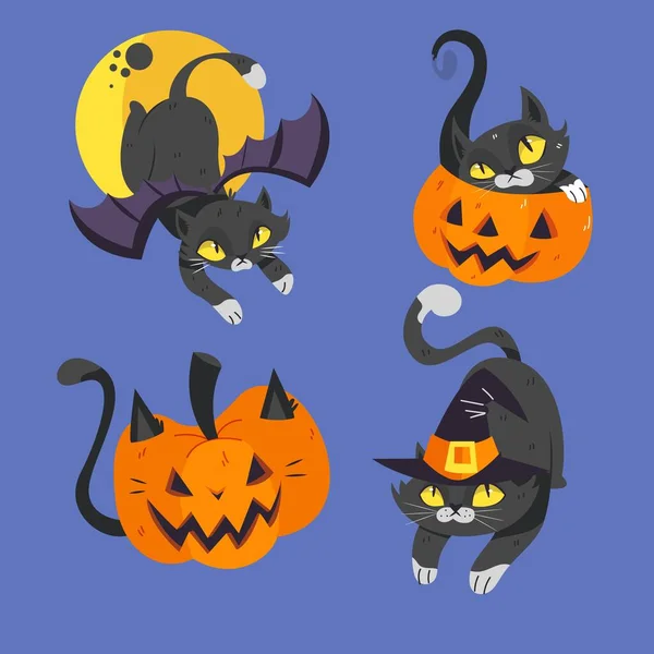 Niedlich Hand Gezeichnet Halloween Schwarz Katze Vektor Design Illustration — Stockvektor