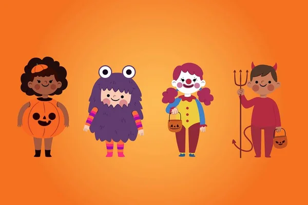 Ploché Halloween Dětská Kolekce Fialové Pozadí Vektorový Design Ilustrace — Stockový vektor