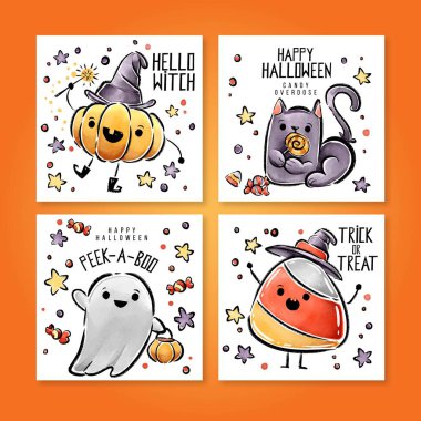 Şirin suluboya cadılar bayramı kart koleksiyonu vektör tasarımı çizimi