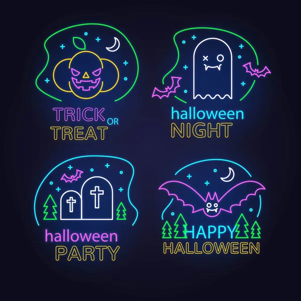 Halloween Nacht Neon Teken Collectie Vector Ontwerp Illustratie — Stockvector