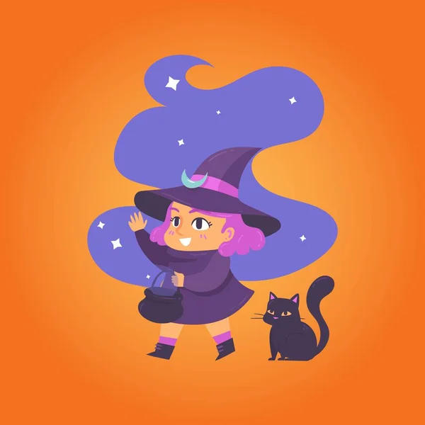 Niedlichen Halloween Hexe Mit Schwarzer Katze Vektor Design Illustration — Stockvektor