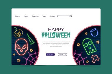 Neon cadılar bayramı iniş sayfası vektör tasarımı illüstrasyonu