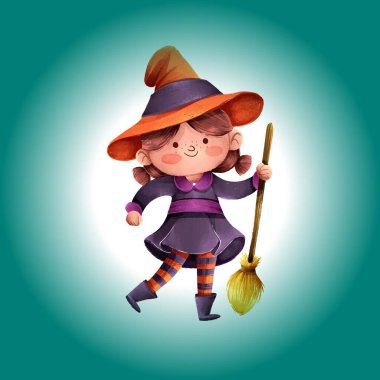 Süpürge vektör tasarımı resimli şirin cadılar bayramı cadısı