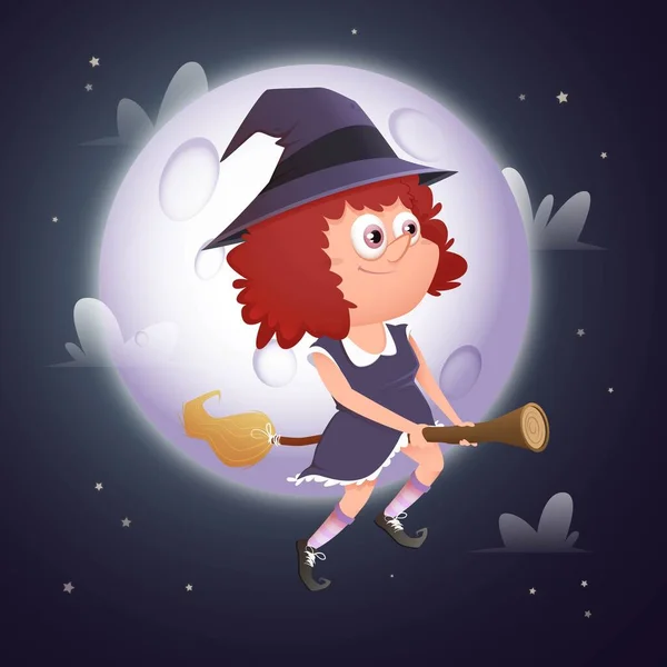 Cure Halloween Witch Full Moon Vector Design Illustration — Stock Vector