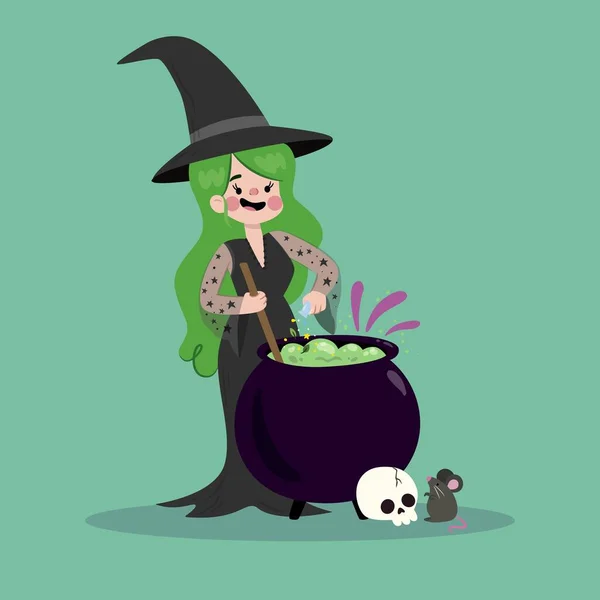 Cute Halloween Witch Making Spell Vector Design Illustration — Stock Vector