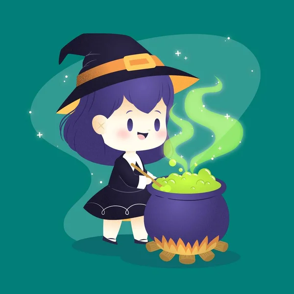 Cute Halloween Witch Stirring Pot Vector Design Illustration — Stock Vector