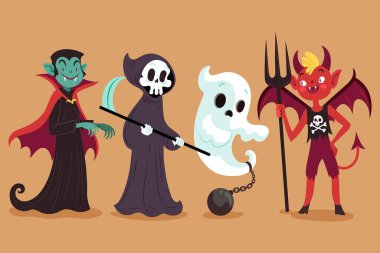 Cadılar Bayramı karakter koleksiyonu tasarım vektörü illüstrasyonunu çizdi