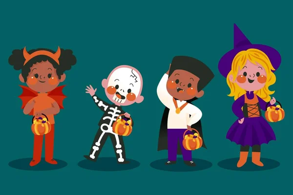 Desenhado Halloween Crianças Trajes Conjunto Vetor Design Ilustração — Vetor de Stock