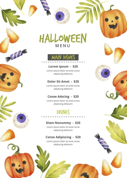 Acquerello Halloween Menu Modello Disegno Vettoriale Illustrazione — Vettoriale Stock