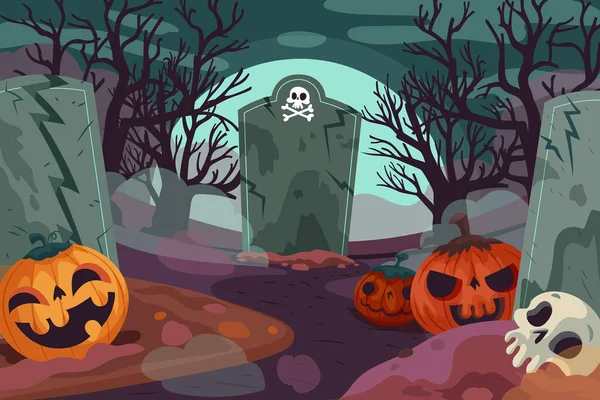 Disegnato Sfondo Halloween Con Cimitero Spaventoso — Vettoriale Stock