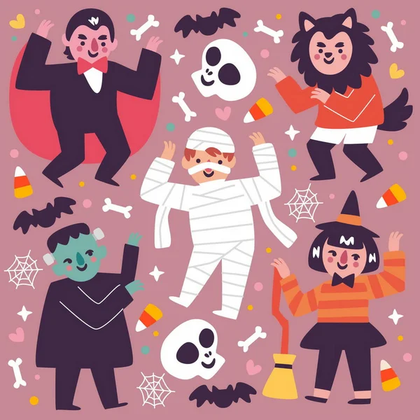 Halloween Dětská Kolekce Plochý Design Vektorové Ilustrace — Stockový vektor