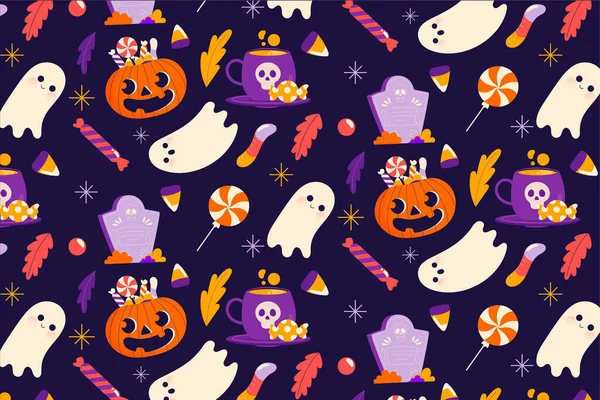 Hand Drawn Halloween Pattern Pumpkin Ghost Design Vector Illustration — Stock Vector