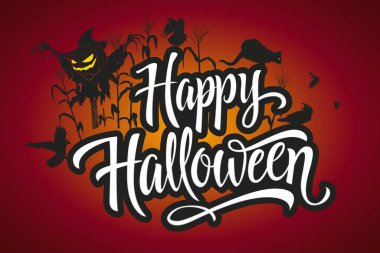 Mutlu cadılar bayramı harfleri ve korkuluk tasarımı vektör çizimi