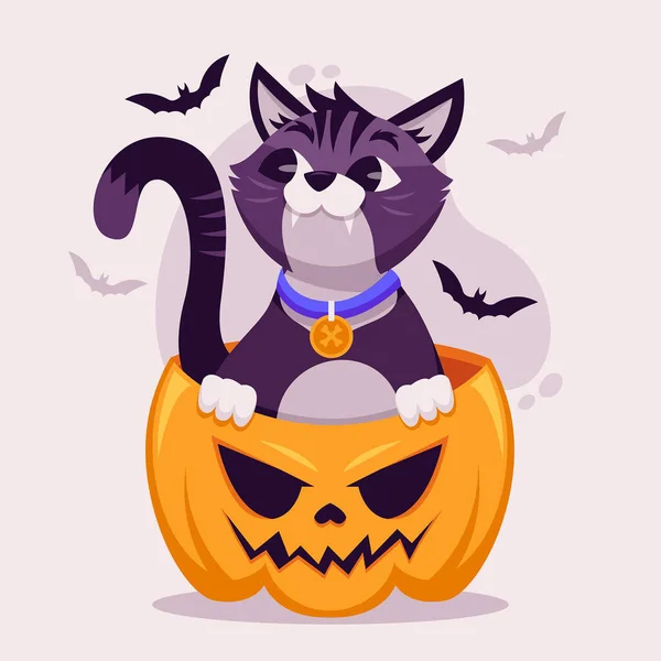 Flaches Design Vektor Illustration Halloween Katze Kürbis — Stockvektor