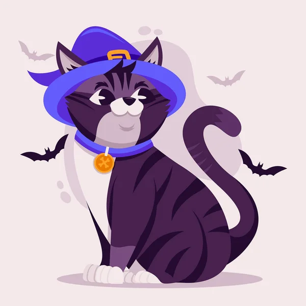 Desenho Plano Vetor Ilustração Halloween Gato Com Chapéu — Vetor de Stock