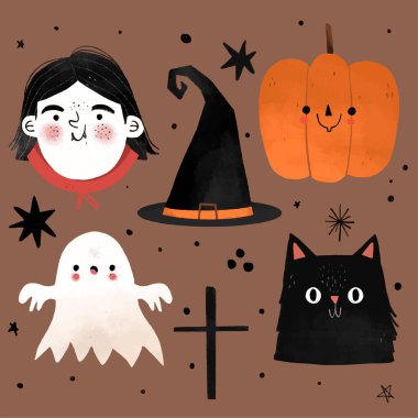 El çizimi tasarım vektör illüstrasyonu Cadılar Bayramı element koleksiyonu