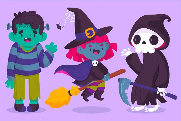 Ručně Kreslené Halloween Kolekce Znaků Vektorové Ilustrace — Stockový vektor