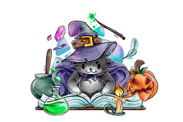 Acquerello Halloween Gatto Disegno Vettoriale Illustrazione — Vettoriale Stock