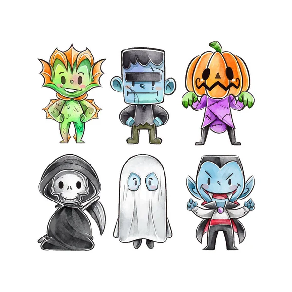 水彩ハロウィンキャラクターコレクションデザインベクトルイラスト — ストックベクタ