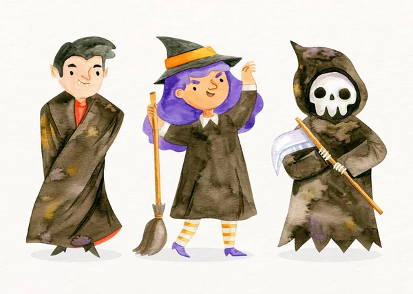 Acquerello Halloween Personaggio Collezione Design Vettore Illustrare — Vettoriale Stock